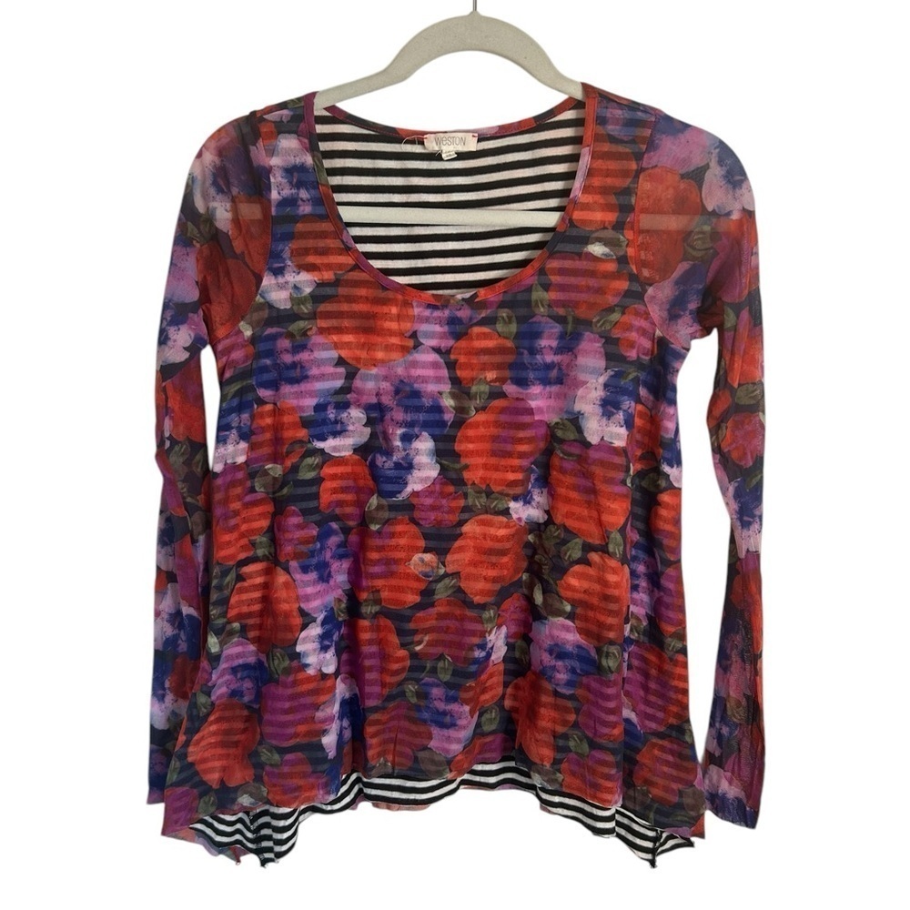 Anthropologie Weston Garden Row Mesh Floral Stripe Blouse Top Womens Size XS